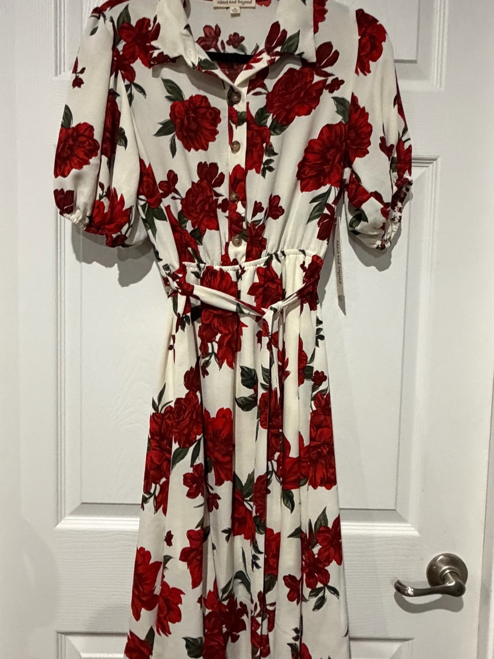 White Maxi Dress with Red Floral Print and Button-Front